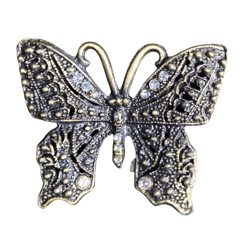 Vintage Butterfly Charm Antique Bronze Filigree Clear Rhinestone‎ Accent